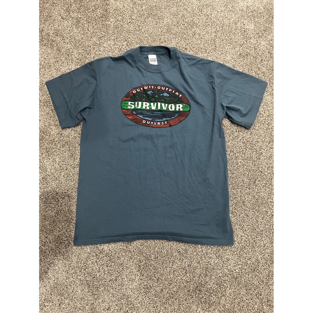 VTG y2k Survivor Show T-Shirt Tultex Heavyweight Cotton Blue XL Outwit Outplay